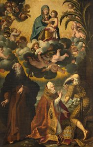 Autel de Saint Antoine, Madone et Enfant avec Saints Antoine Abbé Paul Ermite et Pape Grégoire XIV, Luke Cattapane 1593