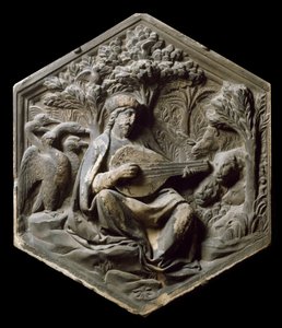 Allégorie de la Musique comme Orphée Les animaux de la forêt écoutent Orphée jouant du luth. Haut-relief par Luca della Robbia