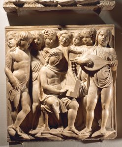 Laudate Eum in chordis et organo (Psaume 150, Laudate Dominum), panneau avec des garçons chantant avec orgue, harpe et luth - Luca Della Robbia