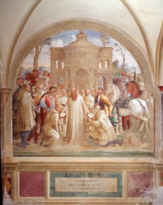 Benoît envoie Maur en France et Placide en Sicile - Fresque du cloître réalisée par Luca Signorelli racontant la vie de Saint Benoît de Nursie (480 - 567) fondateur de l
