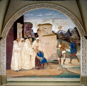 Vie de Saint Benoît de Nursie (ca. 480-547) : Benoît admoneste le frère du moine Valérien qui a rompu son jeûne - Luca Signorelli