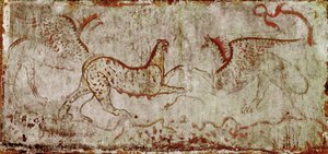 Un combat entre une panthère et un griffon, fresque lucanienne du IVe siècle av. J.-C., de la tombe du Cavalier, nécropole de Paestum, Italie. Museo nazionale archeologico, Paestum