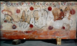 Un cavalier et les différents éléments de son armure Fresque lucanienne du 4e siècle av. J.-C., provenant de la nécropole de Paestum, Italie. Museo nazionale archeologico, Paestum