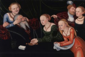 Vieil homme séduit par des courtisanes