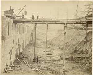 Construction du bassin élargi de Limehouse, Londres, mai 1869 - Lucas and Tuck