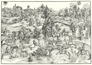 Chasse au cerf dans un parc à daims ou paysage - Lucas the Elder (after) Cranach