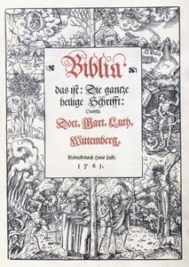 Page de titre, avec une belle bordure picturale de "Biblia, das ist: Die gantze heilige Schrifft: Deudsch", traduit par Martin Luther, 1560-1561