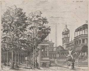 Paysage avec arbres, deux cerfs et une cour de palais