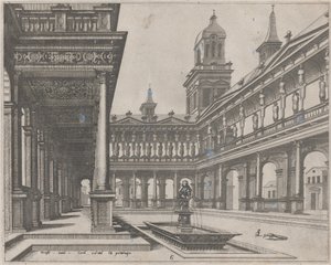 Cour du palais avec fontaine dans un bassin rectangulaire - Lucas van Doetechum and Johannes