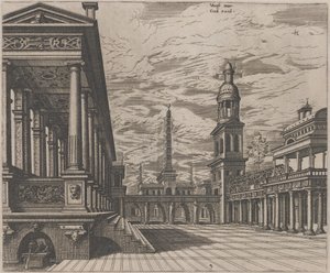 Place de la ville avec une colonnade à gauche - Lucas van Doetechum and Johannes