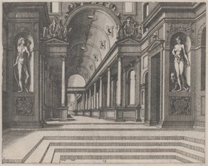 Vue dans une église avec colonnes corinthiennes et statues d