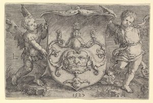 Blason avec un masque, tenu par deux génies - Lucas van Leyden