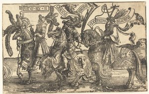 Les héros Roi Arthur, Charlemagne et Godefroy de Bouillon
Les neuf héros (titre de la série) - Lucas van Leyden