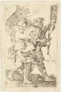 Deux garçons avec un casque et une bannière - Lucas van Leyden
