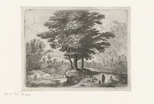 Trois arbres, un berger avec des moutons et un chien