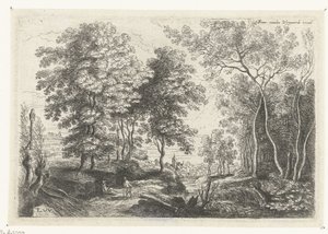 Paysage avec un ruisseau à travers une forêt - Lucas van Uden