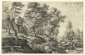 Paysage avec hommes poussant une charrette