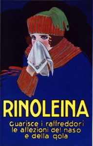 Publicité pour le médicament Rinoleina contre les rhumes, maux de gorge et toux. Illustration de Lucien Achille Mauzan (1883 - 1952).