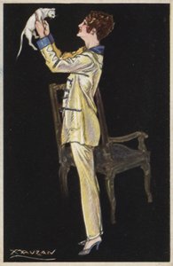 Fille en pyjama tenant un chat blanc - Luciano Achille Mauzan