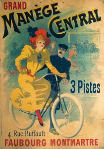 Grand Manège Central, affiche publicitaire pour piste cyclable représentant une femme à vélo