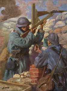 Soldat français utilisant un fusil de sniper spécialement adapté avec périscope dans les tranchées, Première Guerre mondiale - Lucien Hector Jonas