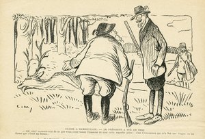 Illustration dans Le Rire, 05/12/08 - Chasse à Rambouillet - Nature Végétation, Chasse chasseur, Président de la République, Rambouillet - Clemenceau Georges, Fallières Armand (1841-1931), Cerf - Lucien Metivet