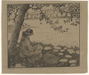 Fille sous un arbre dans un pré - Lucien Pissarro