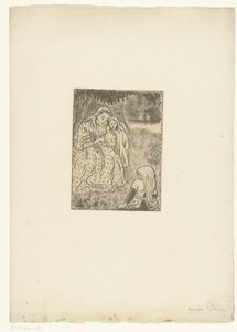 Femme avec deux filles dans un pré - Lucien Pissarro