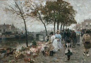 Marché aux fleurs au bord du canal - Ludwig Munthe