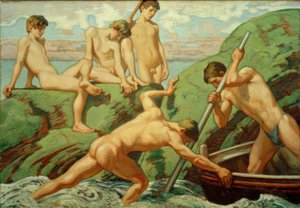 Nus pêcheurs et garçons sur la rive verte