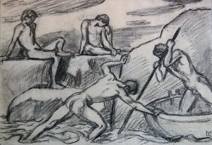 Nudiste et jeunes sur une rive verte - Ludwig von Hofmann
