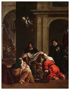 Transept nord, Autel de San Rocco 1635, 45, Genovesino 1645, Naissance de Saint Rocco, Peint en bas à gauche - Luigi Miradori