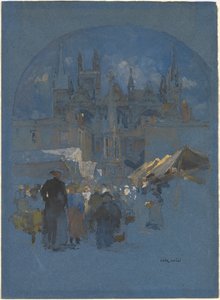 Une place de marché devant une cathédrale - Luigi Aloys François Joseph Loir