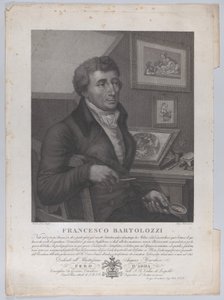 Portrait de Francesco Bartolozzi, assis, tenant une loupe avec un outil de gravure, 1827