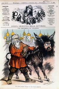 Caricature sur Tolstoï par Luigi Sapelli Caramba concernant la lettre envoyée par Tolstoï au Saint-Siège. Couverture du Pasquino du 5 mai 1901 - Luigi Sapelli Caramba