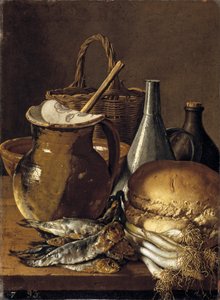 Nature morte avec harengs, oignons, pain et ustensiles de cuisine - Luis Egidio Melendez