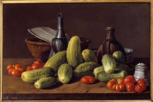 Nature morte : concombres, tomates et récipients - Luis Egidio Menendez or Melendez