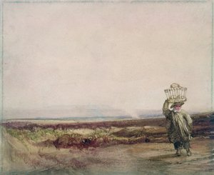 Un garçon portant un panier sur la tête, dans un paysage de lande
