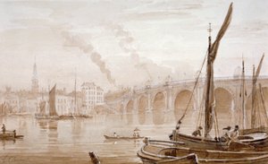 Vue du pont de Blackfriars depuis la rive du Surrey, avec des bateaux au premier plan, Londres, vers 1825 - Luke Clennell