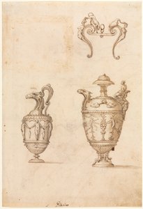 Conception pour deux vases et un ornement recto, milieu des années 1500 - Luzio Romano
