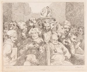 Personnages littéraires assemblés autour du médaillon de Shakespeare