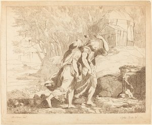Deux figures fuyant (Atalante et Hippomène ?)