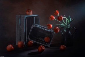 Nature morte florale et fruitée sombre - Lydia Jacobs