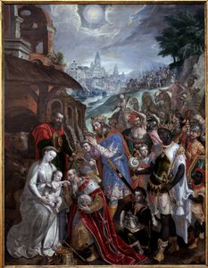 Adoration des Mages. Au-dessus de la Sainte Famille et des Mages, l