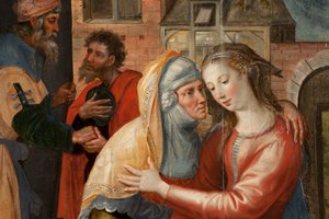 Adoration des Mages, Triptyque, Panneau gauche : Vie de la Sainte Vierge (détail) - Maarten de Vos