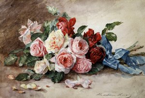 Bouquet de fleurs de roses. Peinture de Madeleine Jeanne Lemaire (1845-1928) Collection privee.
