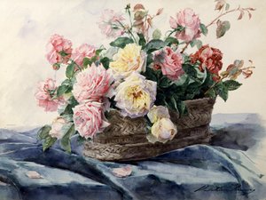 Panier de roses. Peinture de Madeleine Jeanne Lemaire (1845-1928) Collection privee. - Madeleine Lemaire