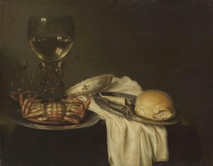 Néerlandais : Nature morte au crabe, Roemer, pain et vaisselle Nature morte au Roemer