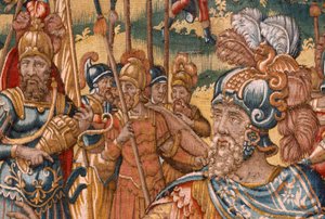 Musée Diocésain. Tapisserie Flamande. Bruxelles. Atelier François Geubels. Série Histoire de Gédéon. Les Israélites remettent leur part du butin à Gédéon. Soie et laine. Legs de l