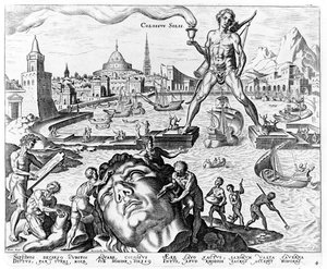 Le Colosse de Rhodes, planche 4 des Huit Merveilles du Monde, gravé par Philips Galle, 1572